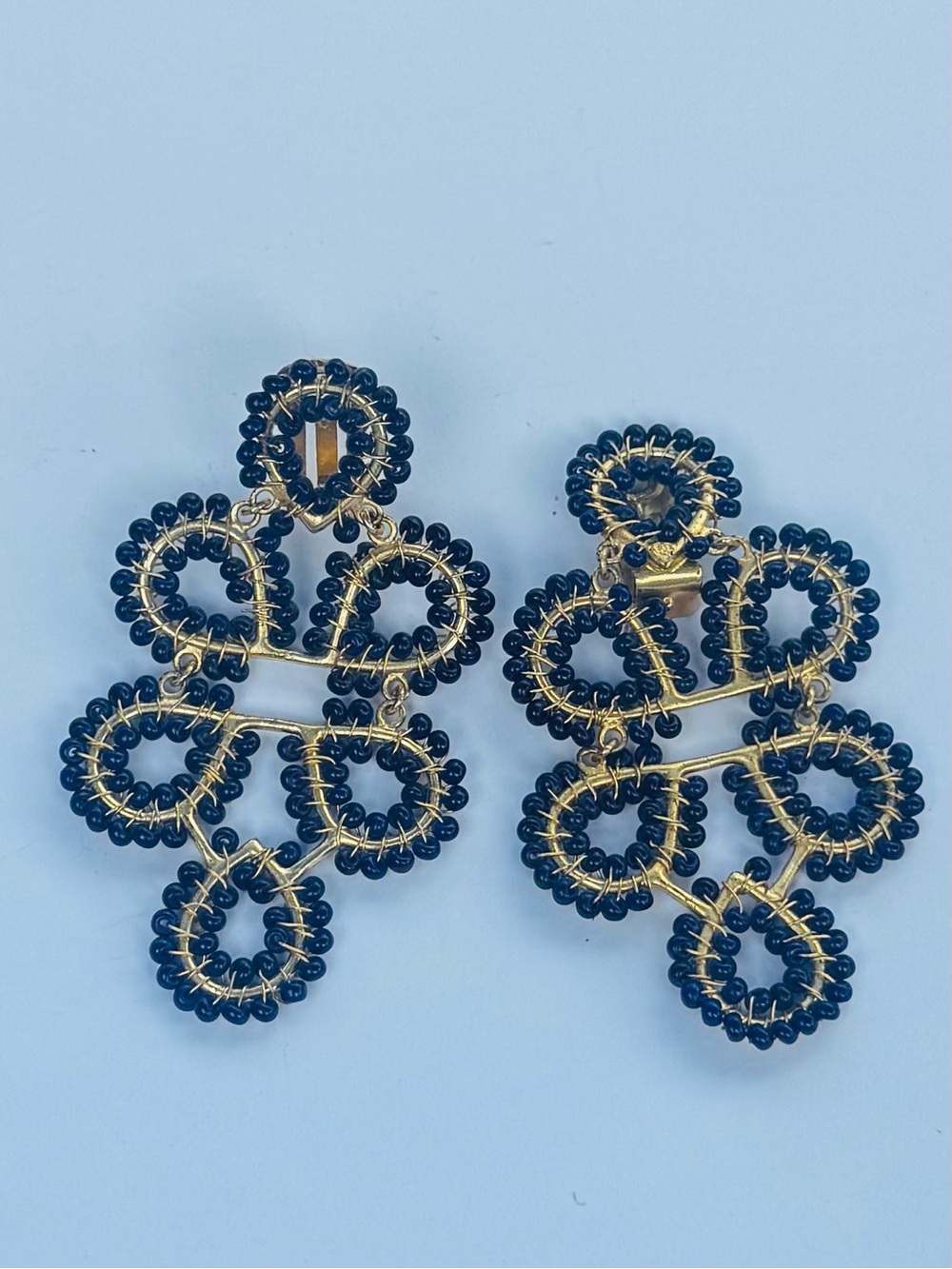 Clip on Gold-Tone Filigree Drop Earrings with navy Beads - Women Jewelry